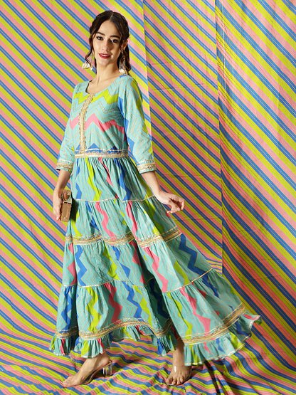 Women's Blue Leheriya Print Lace Work Tiered Maxi Dress