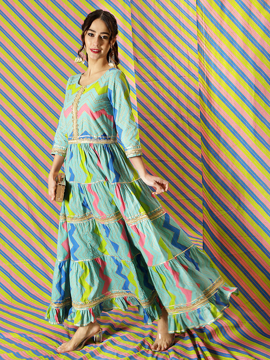 Women's Blue Leheriya Print Lace Work Tiered Maxi Dress