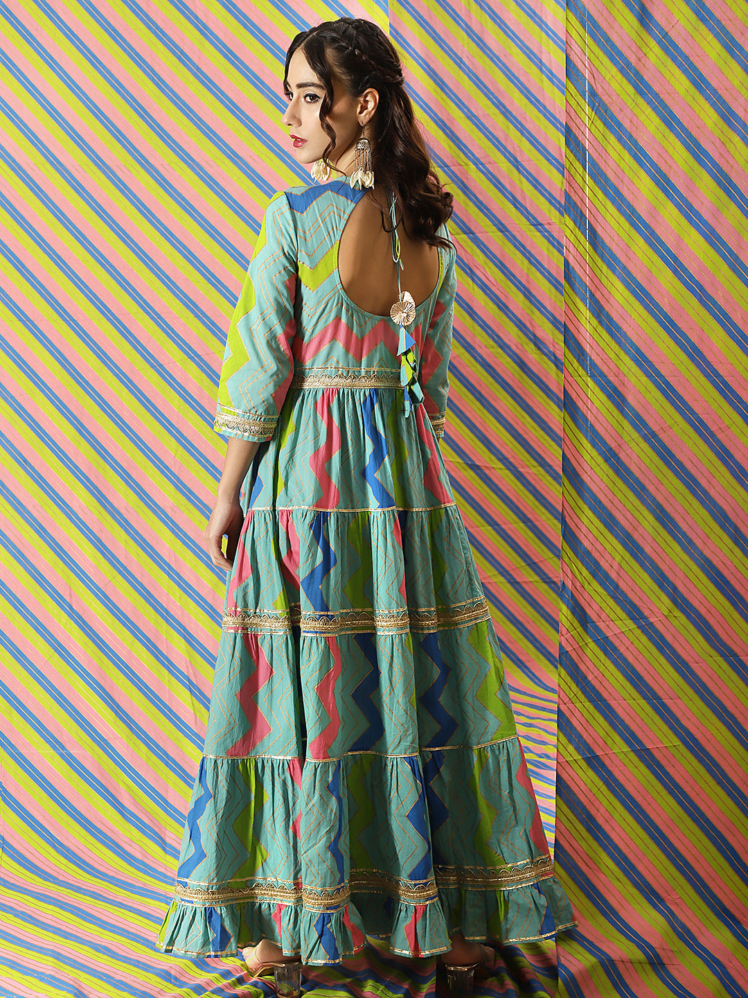 Women's Blue Leheriya Print Lace Work Tiered Maxi Dress