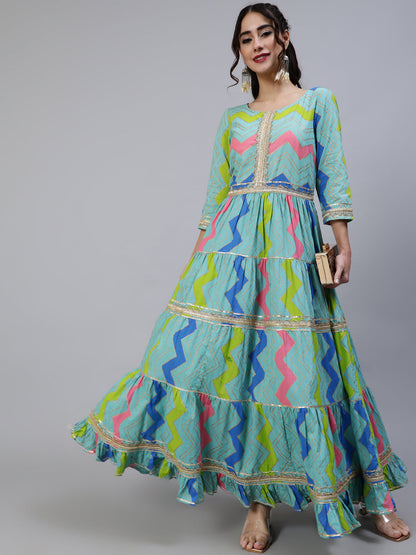 Women's Blue Leheriya Print Lace Work Tiered Maxi Dress