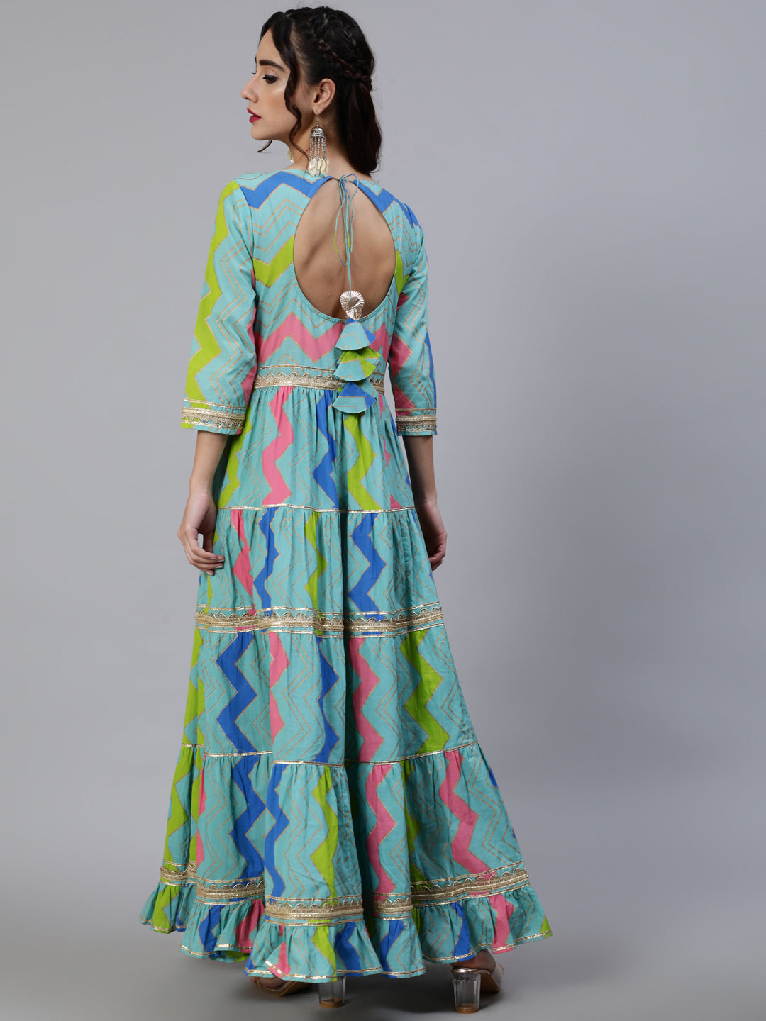Women's Blue Leheriya Print Lace Work Tiered Maxi Dress