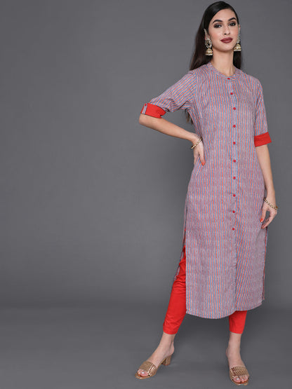 Women's Red Striped Straight Kurta
