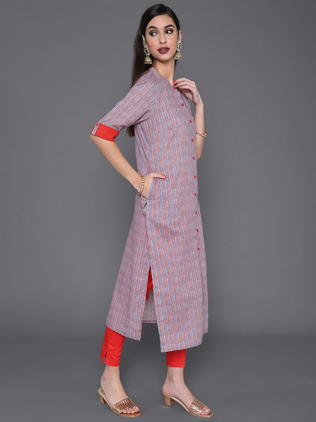 Women's Red Striped Straight Kurta