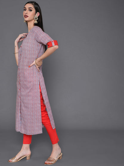 Women's Red Striped Straight Kurta