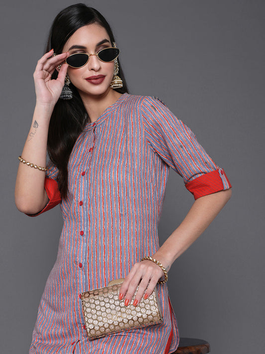 Women's Red Striped Straight Kurta
