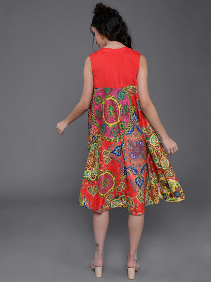 Women's Red & Blue Printed A-Line Dress