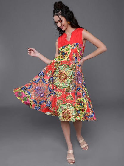 Women's Red & Blue Printed A-Line Dress