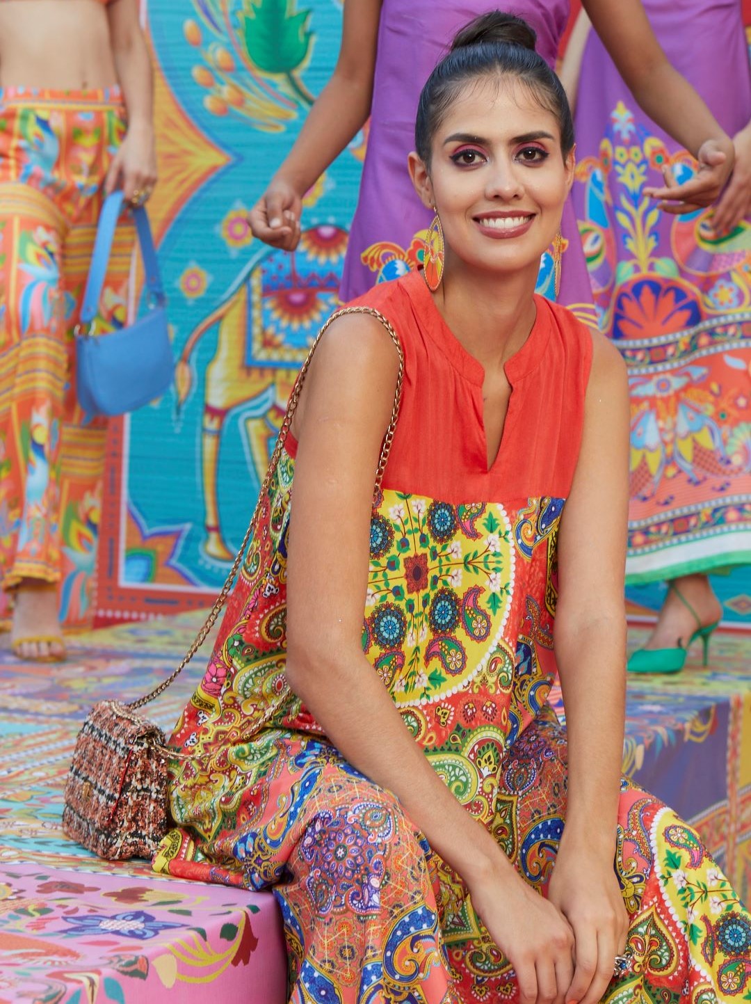 Women's Red & Blue Printed A-Line Dress