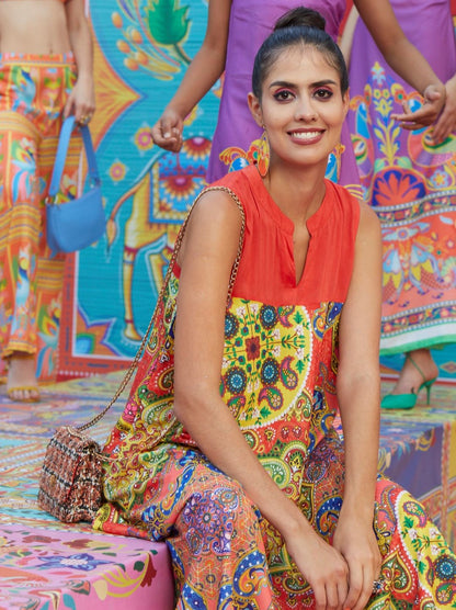 Women's Red & Blue Printed A-Line Dress