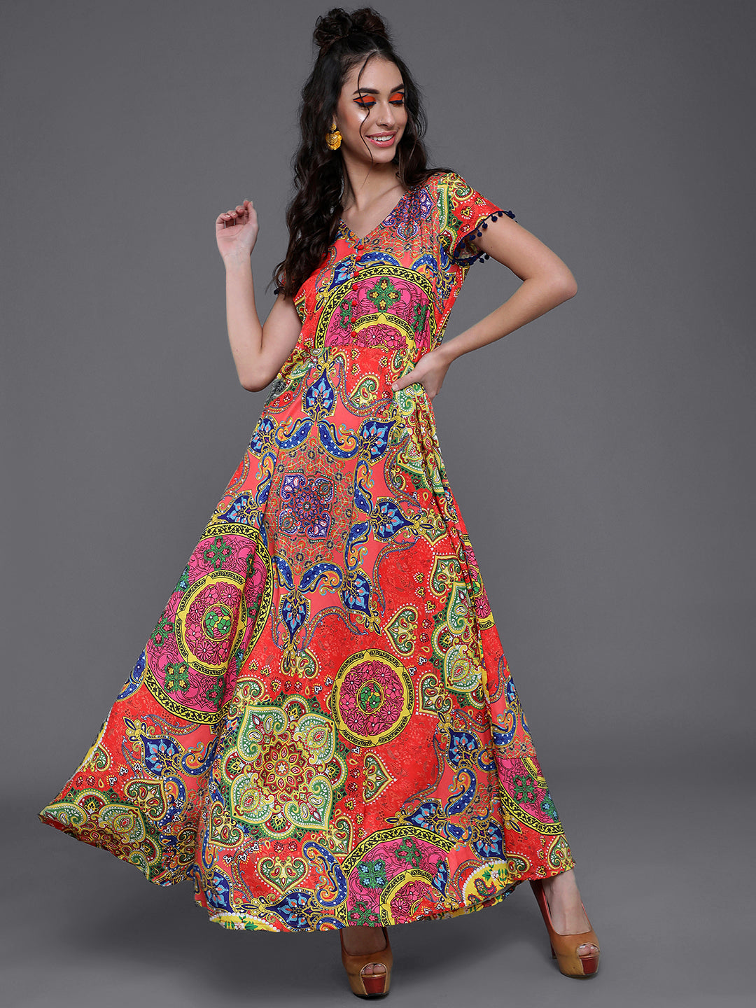 Women's Red & Blue Printed Flared Maxi Dress