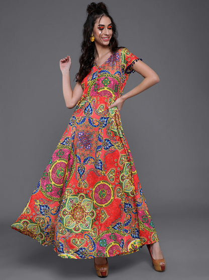Women's Red & Blue Printed Flared Maxi Dress