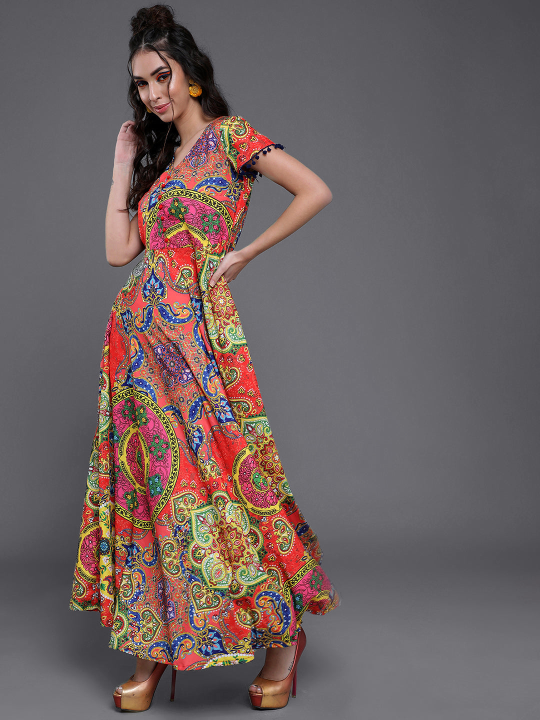 Women's Red & Blue Printed Flared Maxi Dress