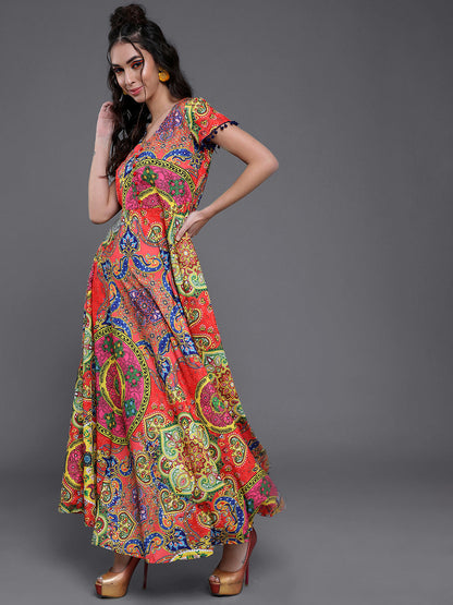 Women's Red & Blue Printed Flared Maxi Dress