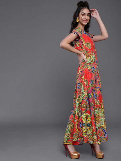 Women's Red & Blue Printed Flared Maxi Dress