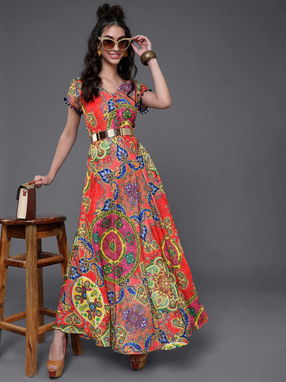 Women's Red & Blue Printed Flared Maxi Dress