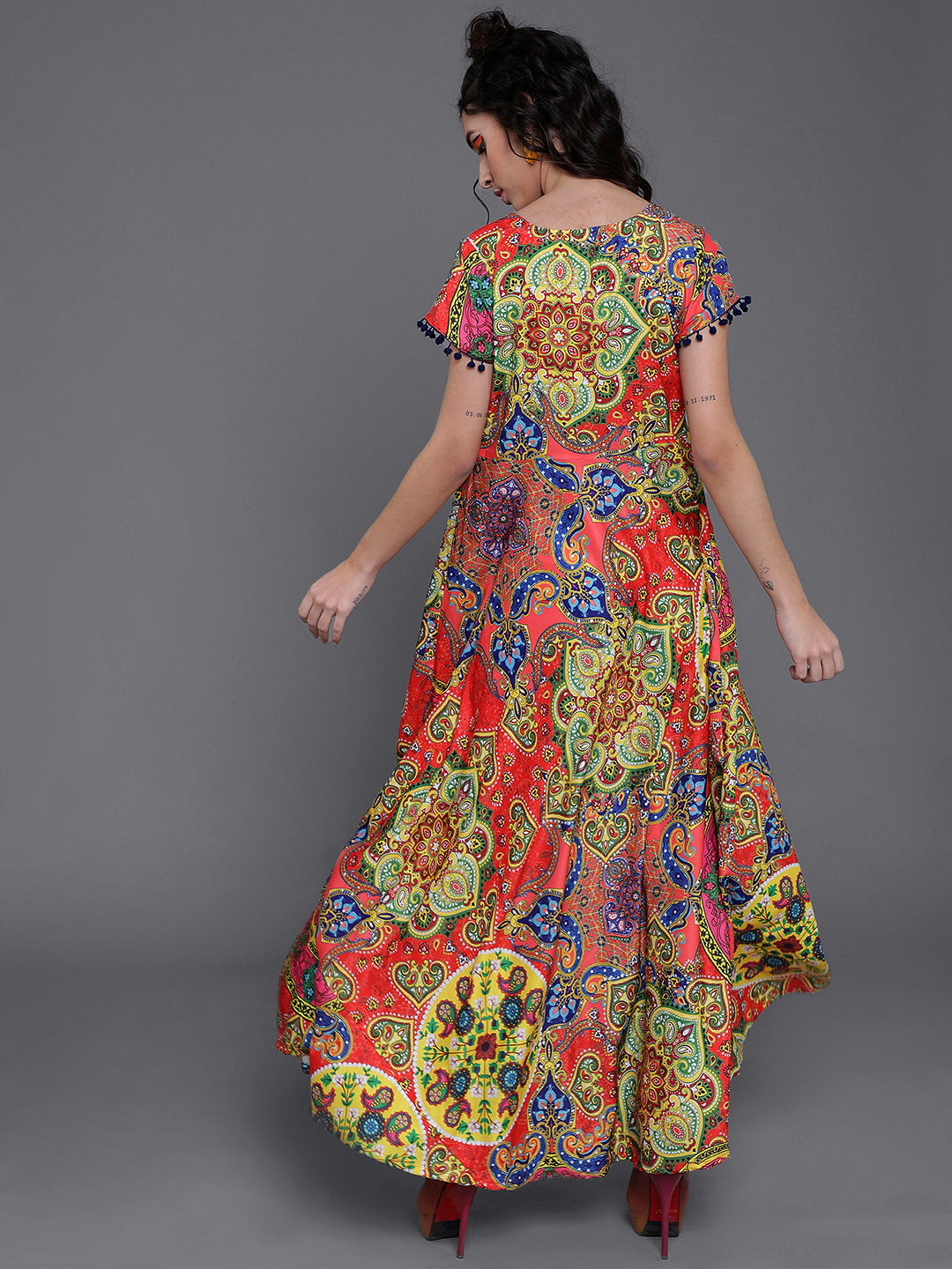 Women's Red & Blue Printed Flared Maxi Dress