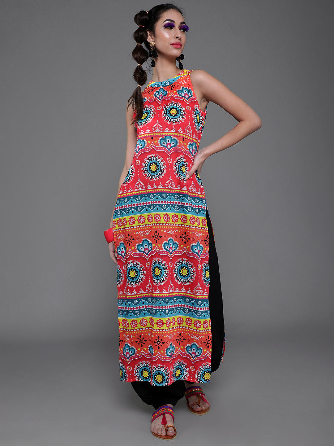 Women's Red & Blue Printed Long Kurta