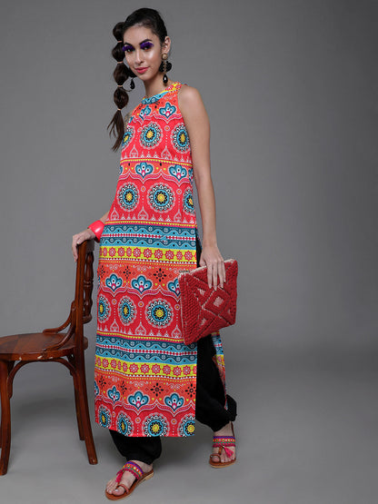 Women's Red & Blue Printed Long Kurta