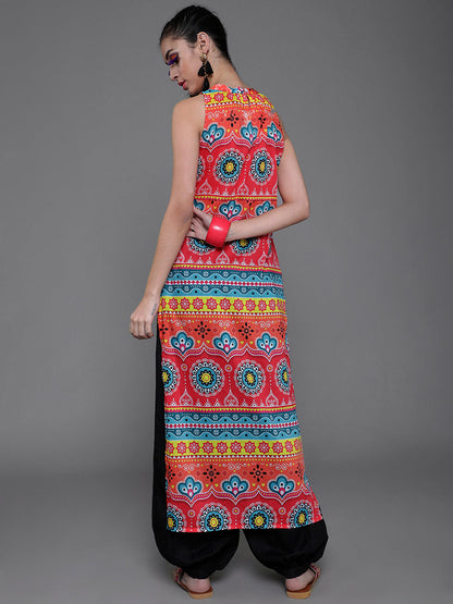 Women's Red & Blue Printed Long Kurta