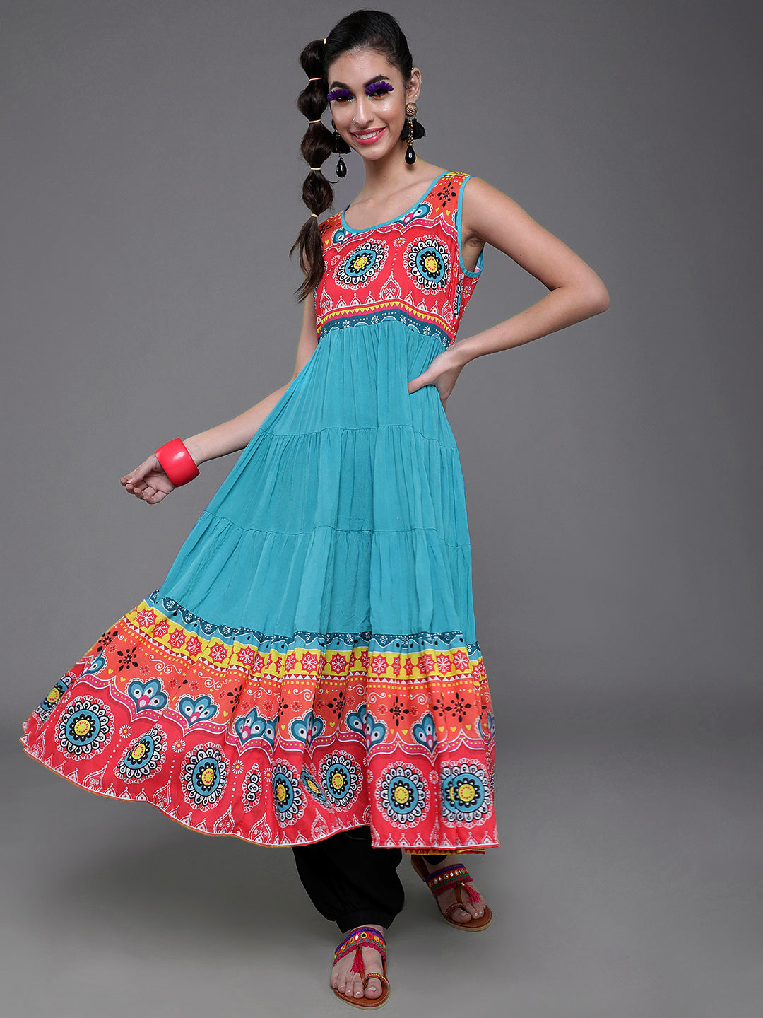 Women's Blue & Red Printed Tiered Anarkali