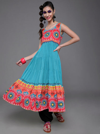 Women's Blue & Red Printed Tiered Anarkali