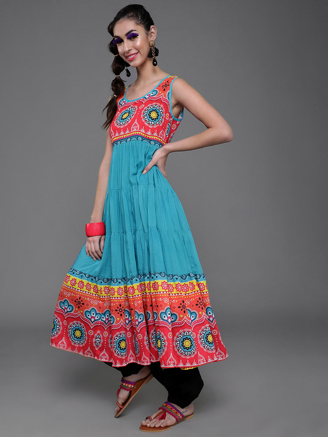 Women's Blue & Red Printed Tiered Anarkali