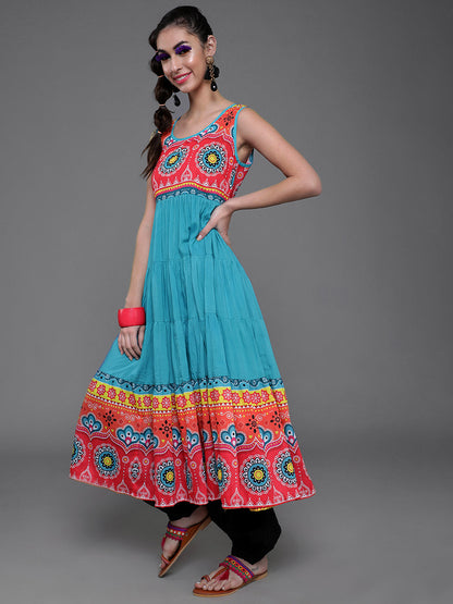 Women's Blue & Red Printed Tiered Anarkali