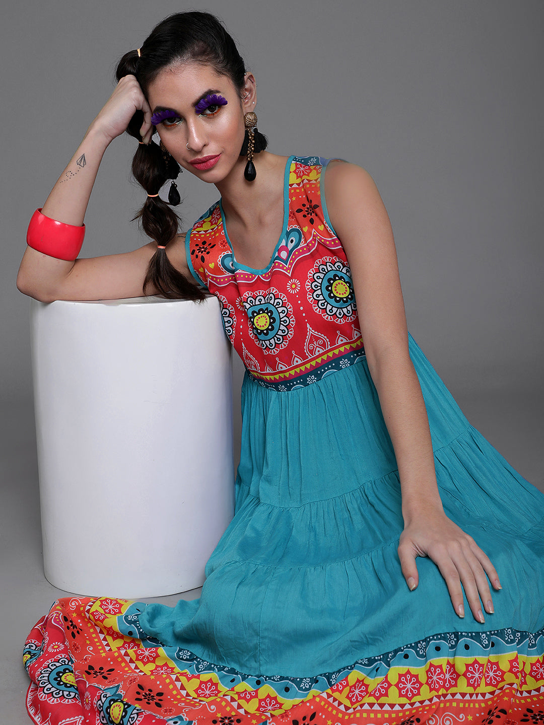 Women's Blue & Red Printed Tiered Anarkali
