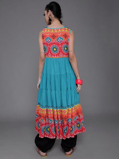 Women's Blue & Red Printed Tiered Anarkali