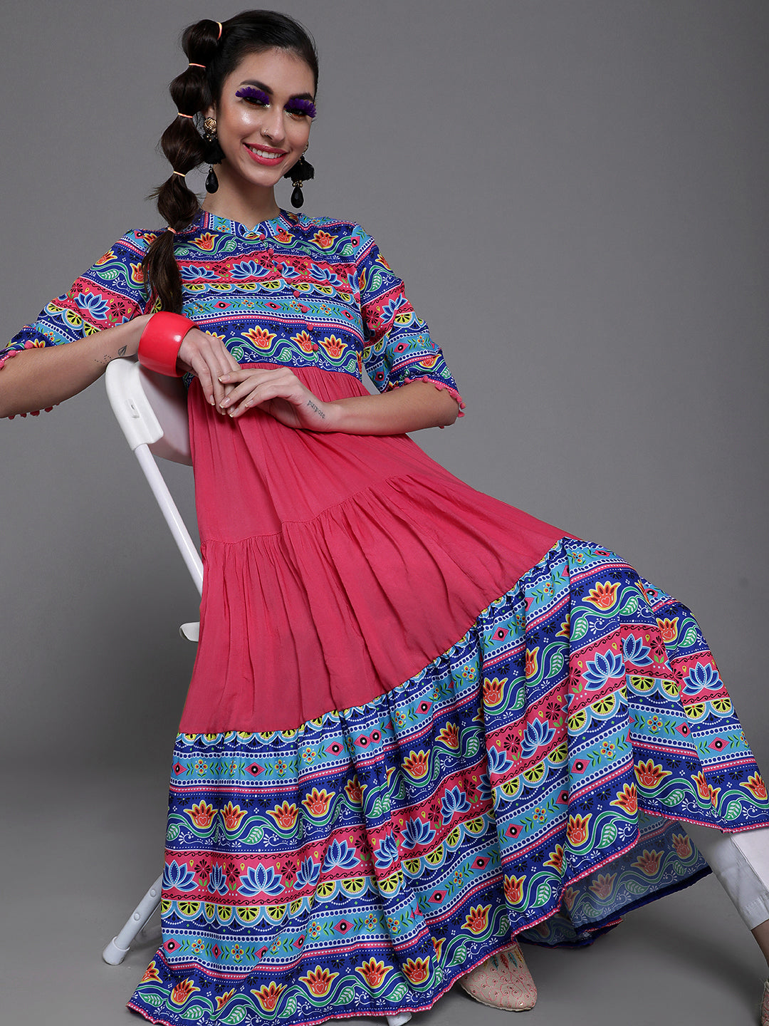 Women's Pink & Blue Floral Print Tiered Anarkali