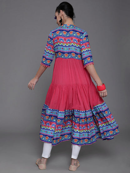 Women's Pink & Blue Floral Print Tiered Anarkali