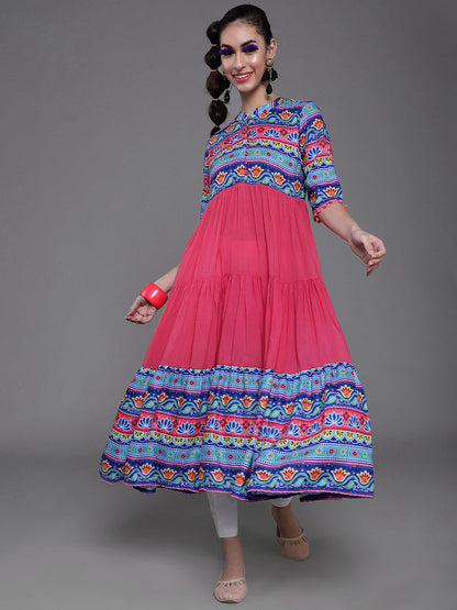 Women's Pink & Blue Floral Print Tiered Anarkali