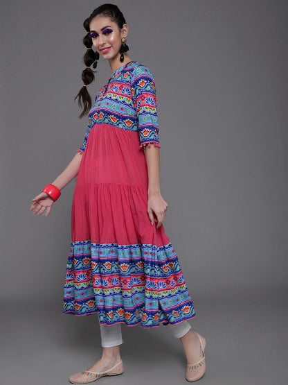 Women's Pink & Blue Floral Print Tiered Anarkali