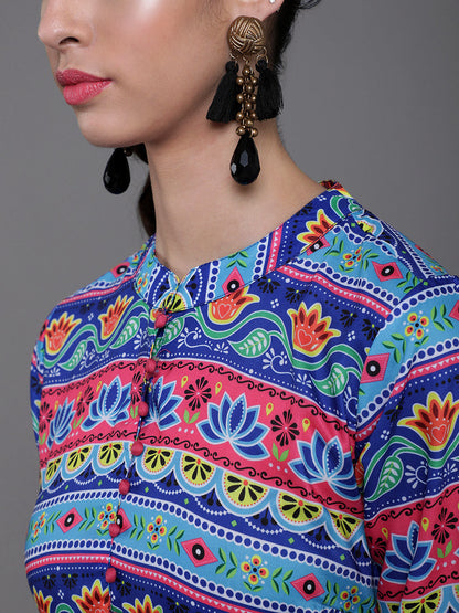Women's Pink & Blue Floral Print Tiered Anarkali