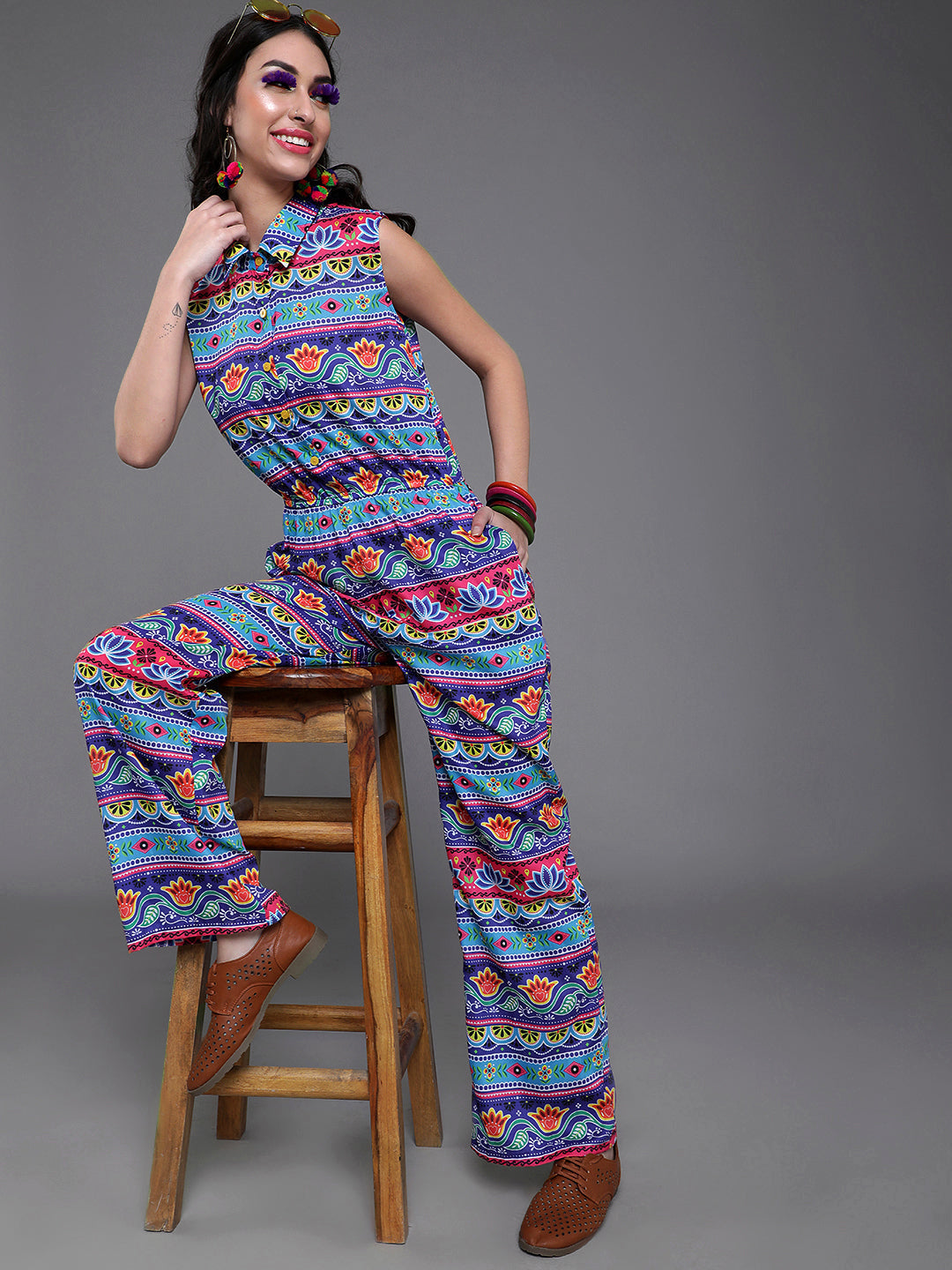 Women's Blue & Pink Floral Print Jumpsuit