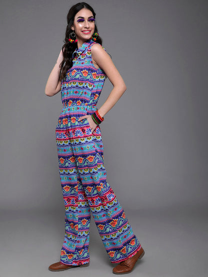 Women's Blue & Pink Floral Print Jumpsuit