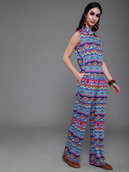 Women's Blue & Pink Floral Print Jumpsuit