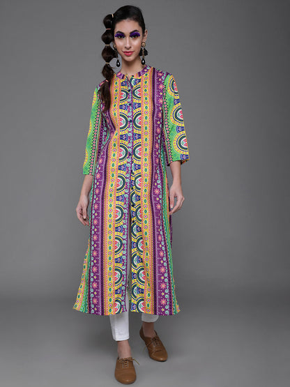 Women's Purple & Yellow Printed Button Down Kurta
