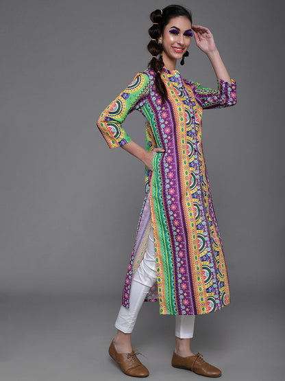 Women's Purple & Yellow Printed Button Down Kurta