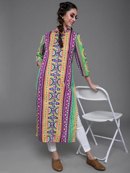 Women's Purple & Yellow Printed Button Down Kurta