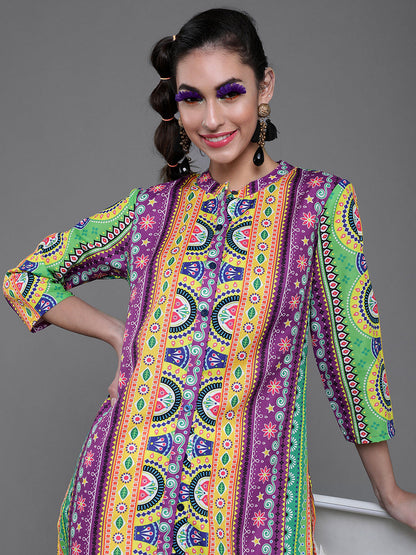 Women's Purple & Yellow Printed Button Down Kurta