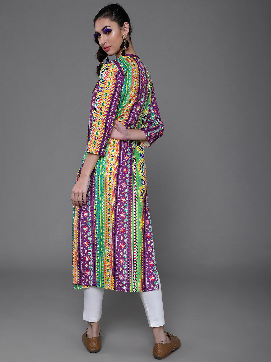 Women's Purple & Yellow Printed Button Down Kurta