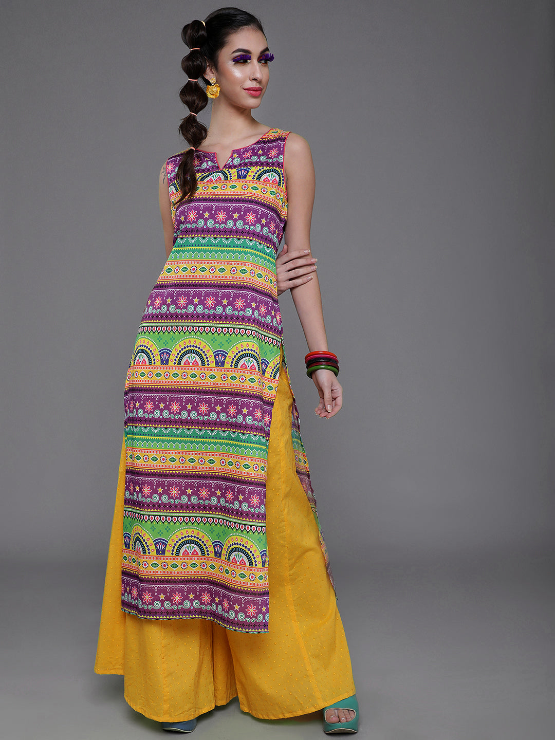 Women's Purple & Yellow Printed Kurta