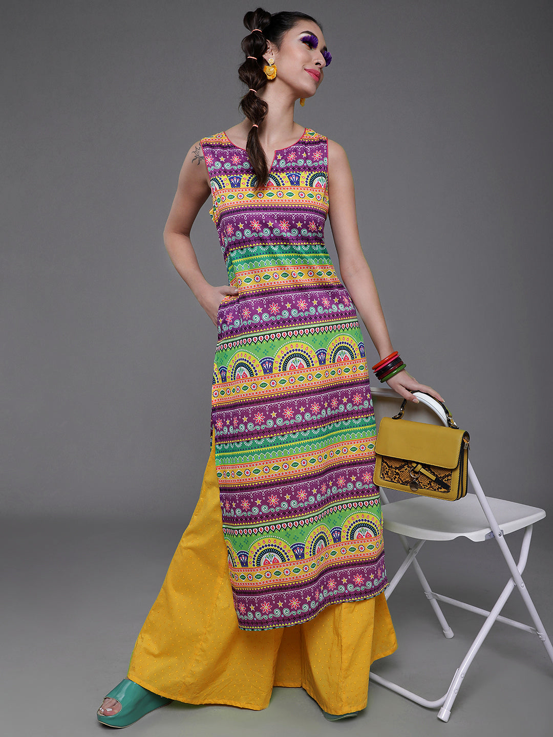 Women's Purple & Yellow Printed Kurta