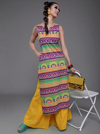 Women's Purple & Yellow Printed Kurta