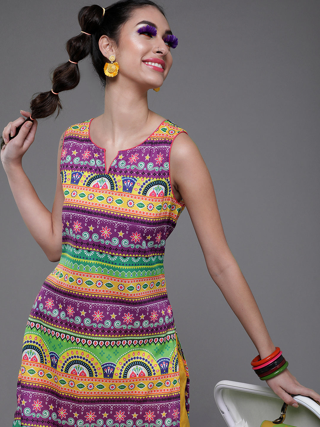 Women's Purple & Yellow Printed Kurta