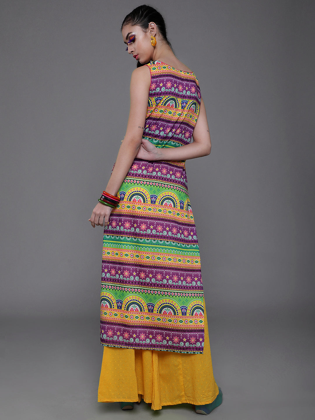 Women's Purple & Yellow Printed Kurta