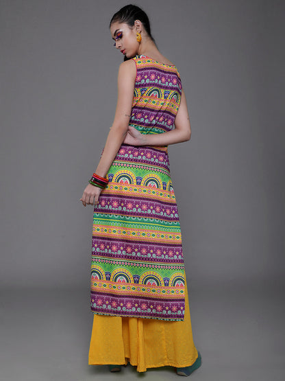 Women's Purple & Yellow Printed Kurta