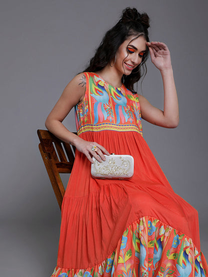 Women's Orange Printed Tiered Anarkali