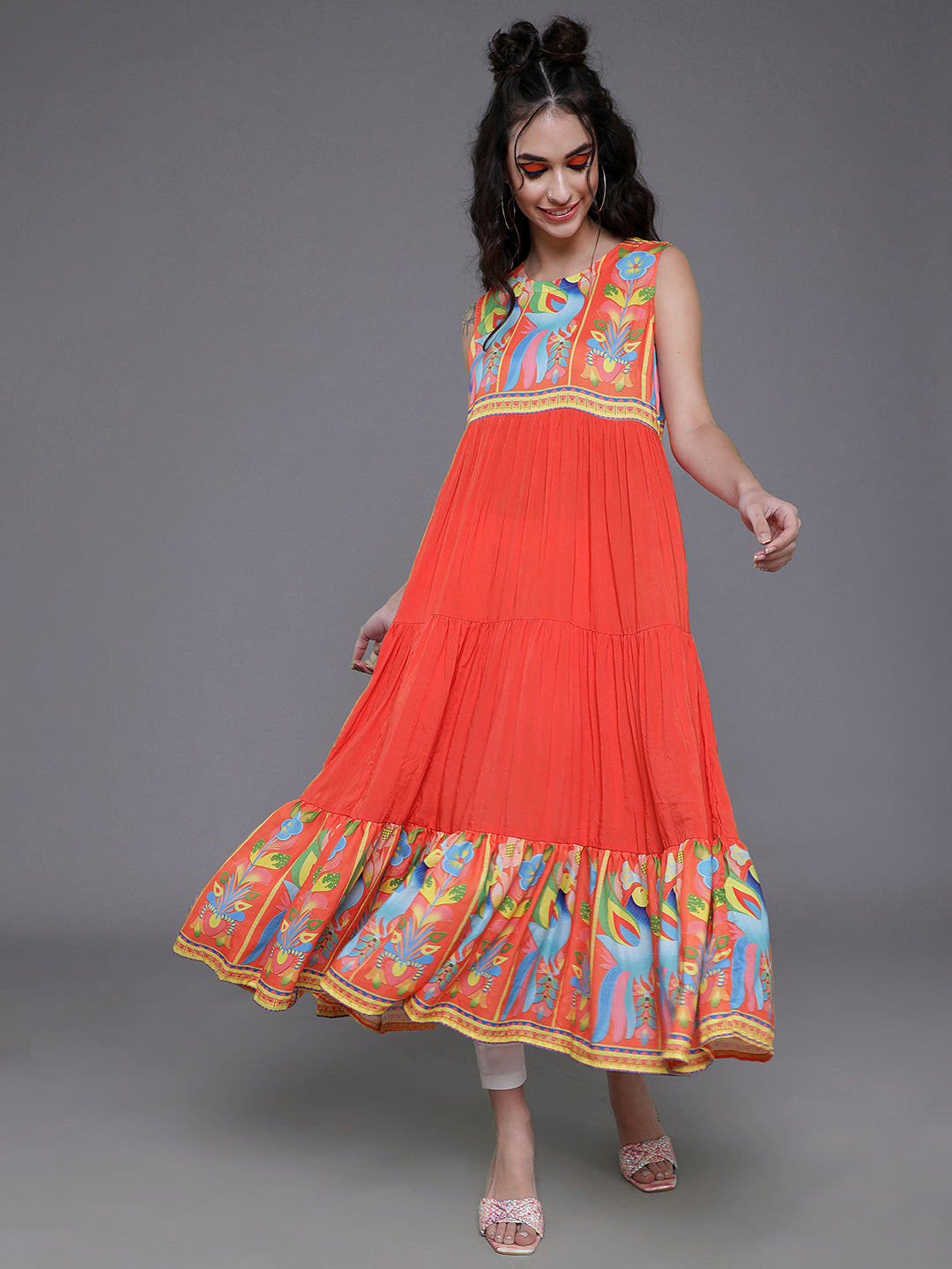 Women's Orange Printed Tiered Anarkali
